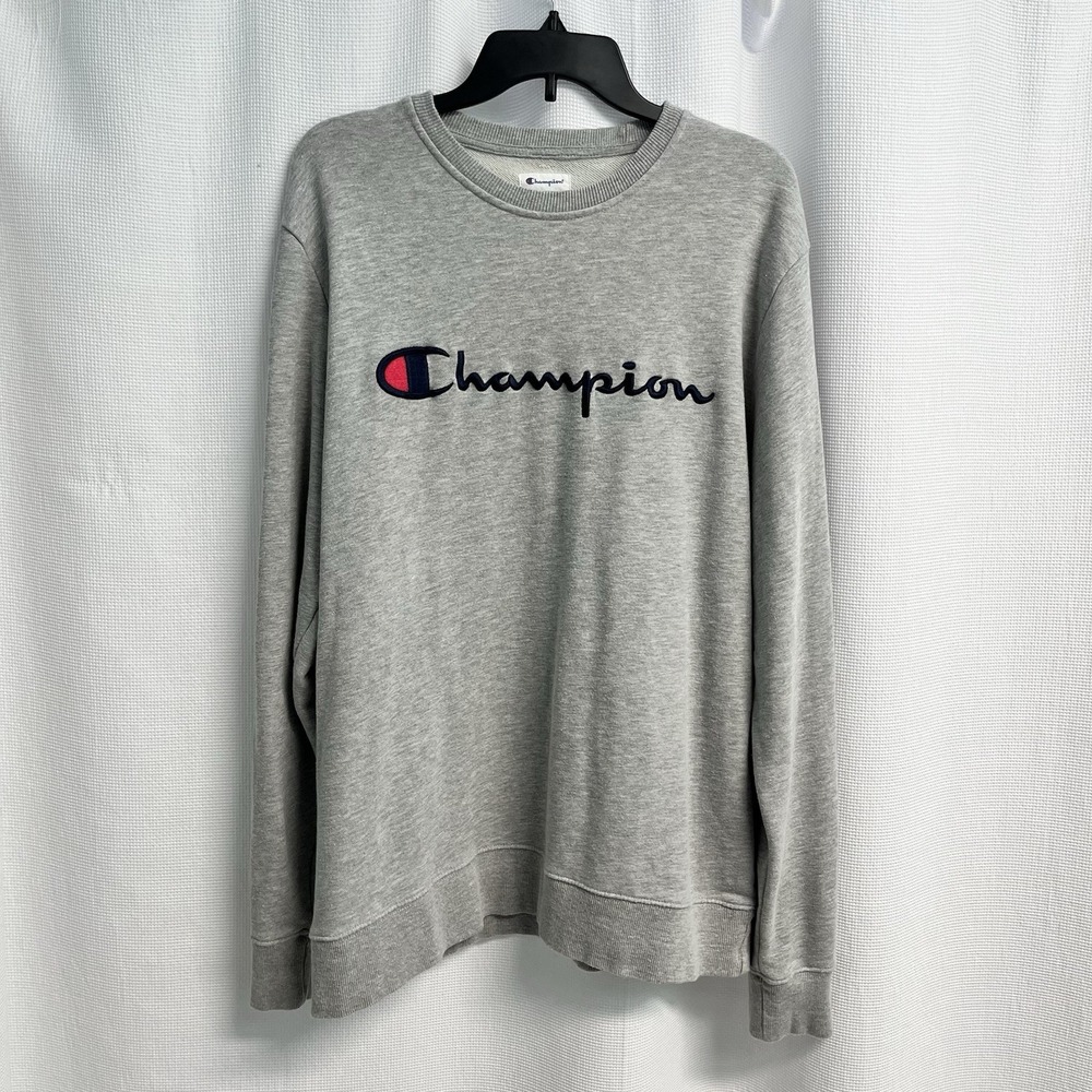 Champion Mens Gray Embroidered Spell out Sweatshirt XL Outdoor Classic